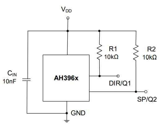 Schéma du circuit d'application - Diodes Incorporated  Doubles verrous automobiles à effet Hall AH396xQ
